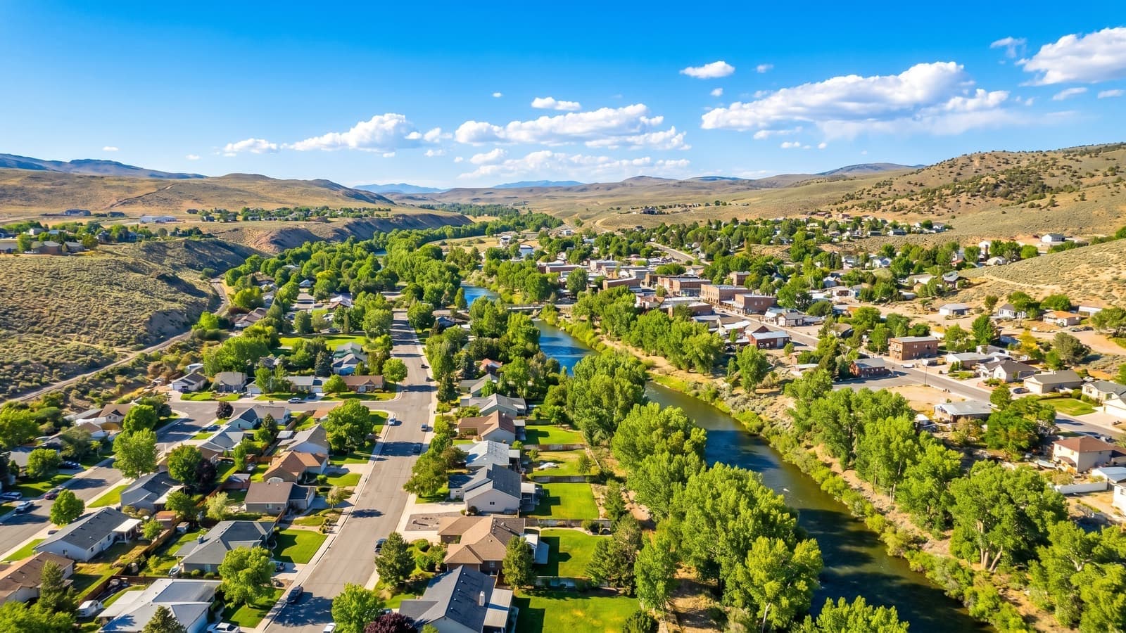 Dayton, Nevada homes along the Carson River corridor with the high desert hills beyond