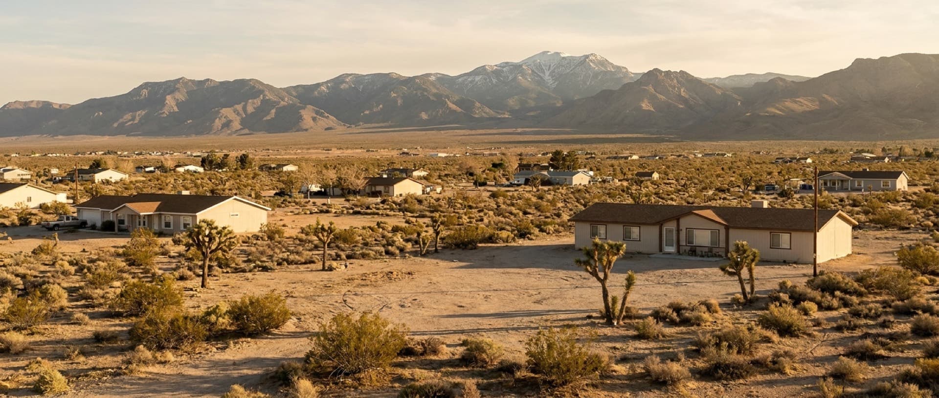 Pahrump, Nevada — desert valley homes on acreage beneath the Spring Mountains, 60 minutes west of Las Vegas (representative imagery)