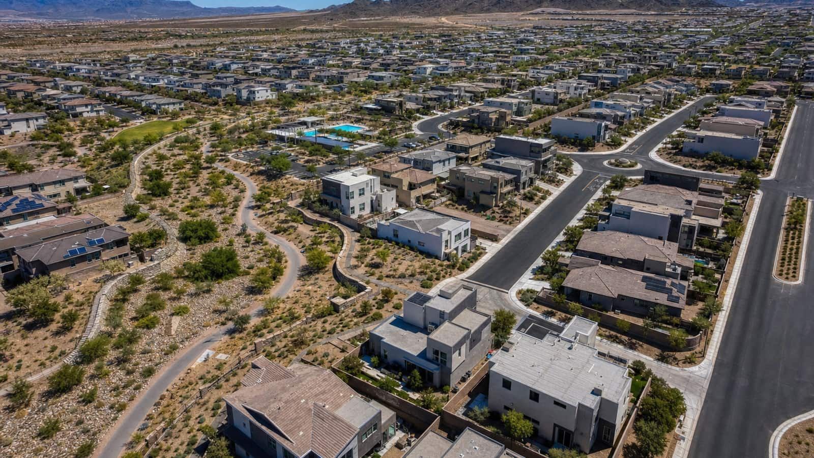 Inspirada Henderson master plan plaza with fire features and Mediterranean homes