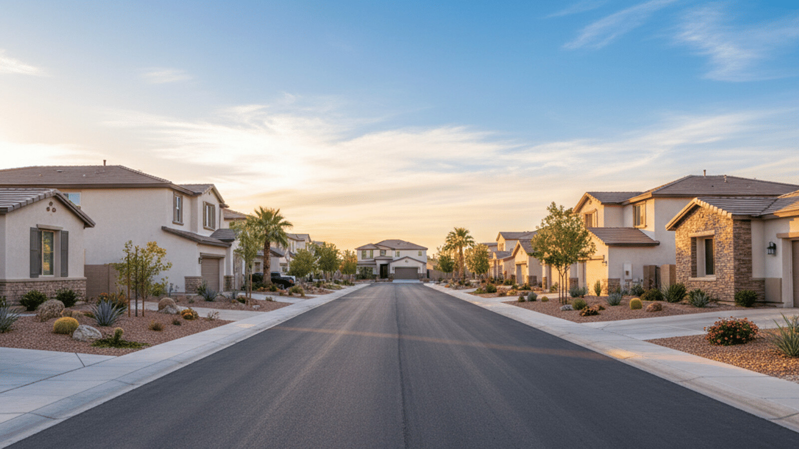 Las Vegas residential neighborhood street with single-family homes and mountain views