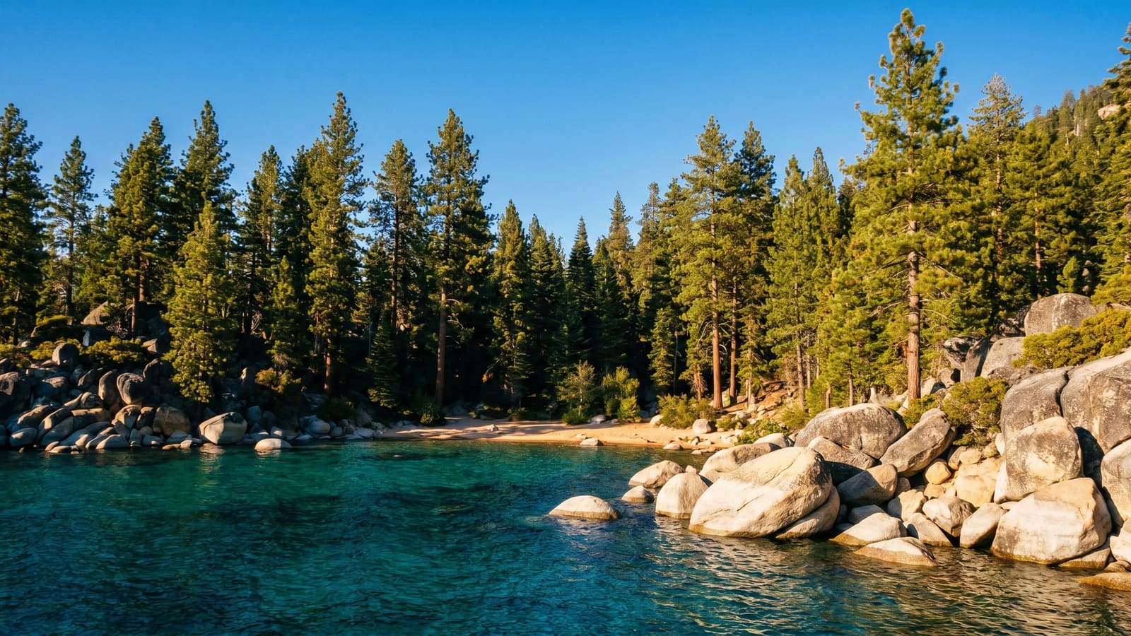 A deep blue Lake Tahoe cove framed by pines and granite, a 45-minute drive from Reno, Nevada