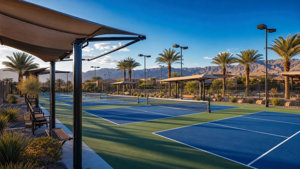 Retirees playing pickleball on dedicated courts in a Las Vegas 55-plus active adult community at morning