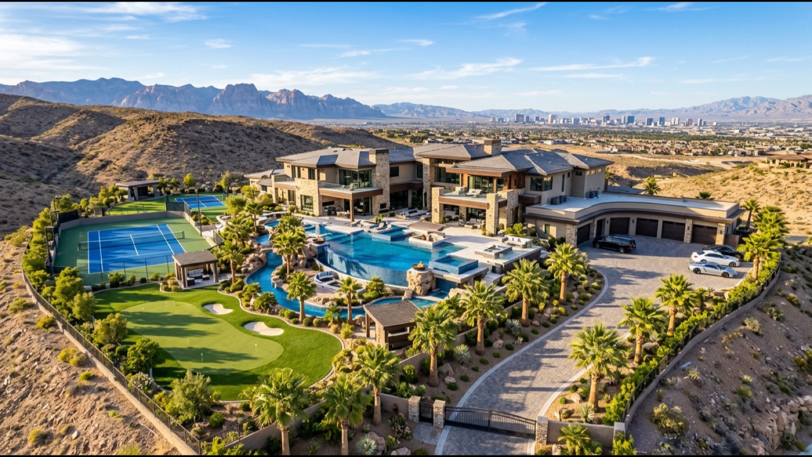 Spanish Hills large 1-acre custom estate lot with circular drive mature landscaping pool deck and Spring Mountains visible in the distance