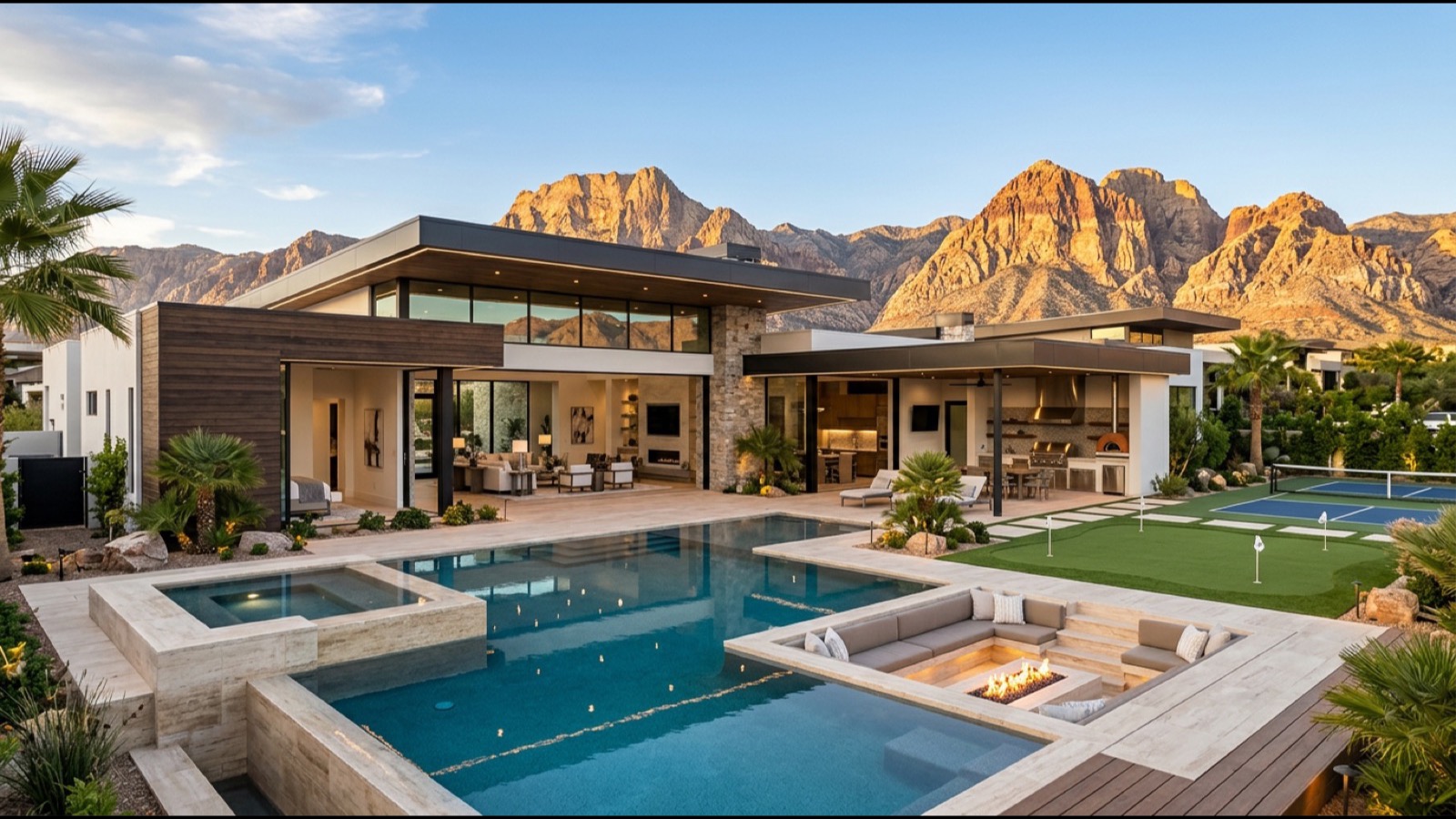 Summerlin Stonebridge Toll Brothers premium plan two-story Mediterranean home with stone façade four-car garage Spanish-tile roof and mature landscape at golden hour
